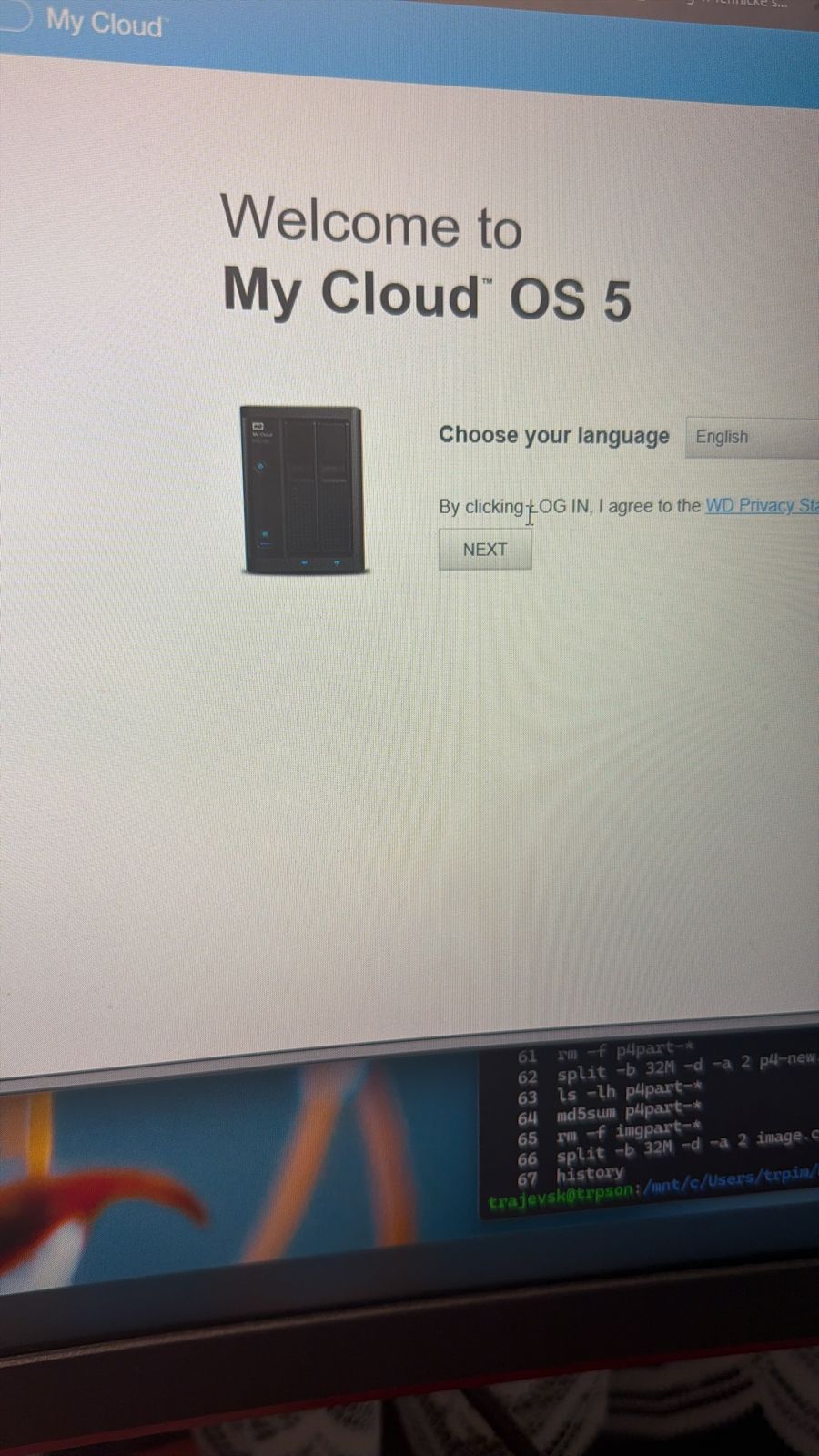 Browser showing the My Cloud OS 5 welcome and language selection page