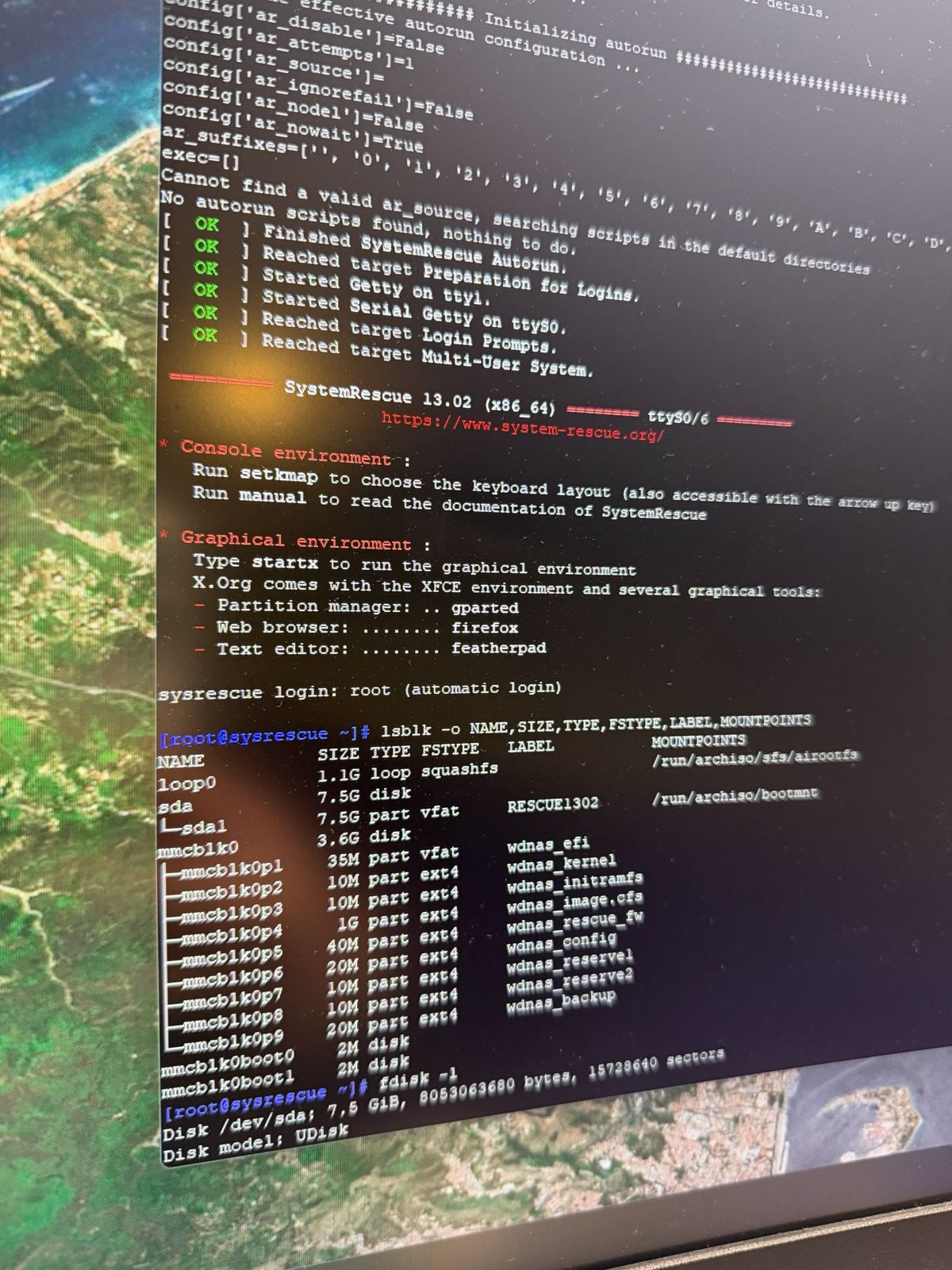 SystemRescue serial console listing the PR2100 eMMC partitions with lsblk